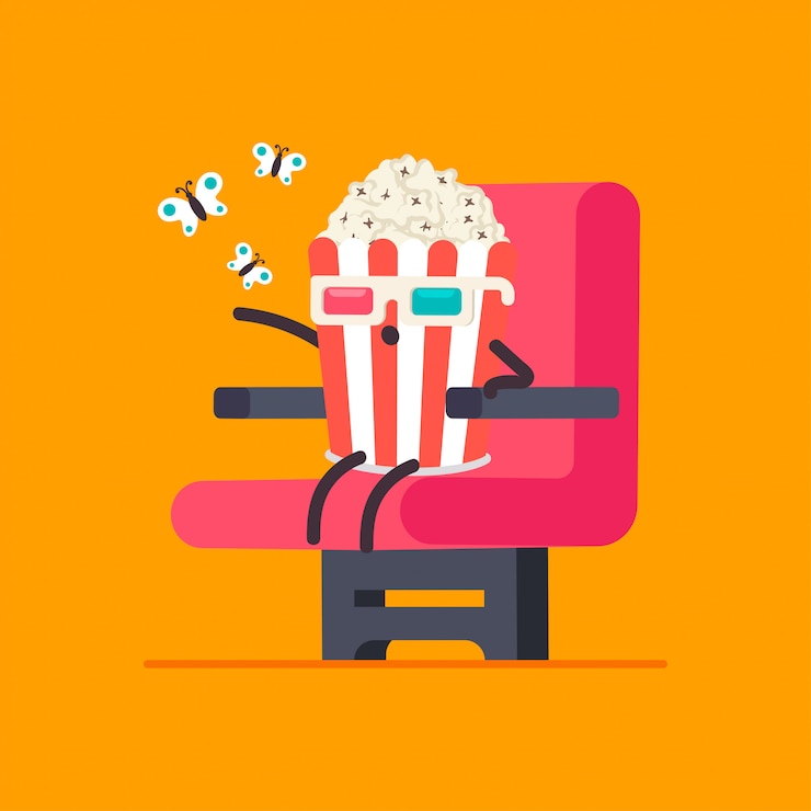 Vector funny popcorn in 3d glasses in cinema chair vector cartoon character isolated.