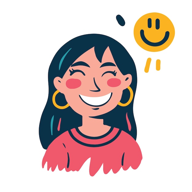 Vector funny portrait of a young woman illustration in cartoon style trendy colors and abstract spots