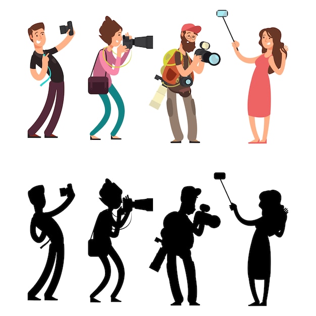 Vector funny professional photographer with camera photo. set of photograph silhouettes