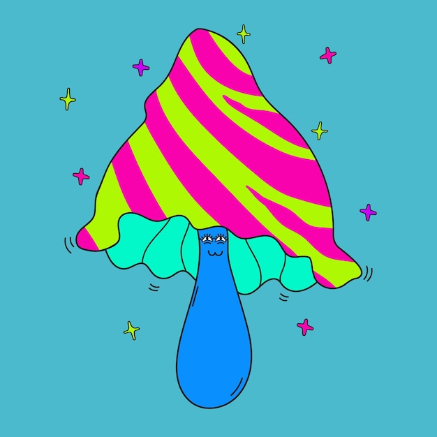 Funny psychedelic acid leaked mushroom on blue background