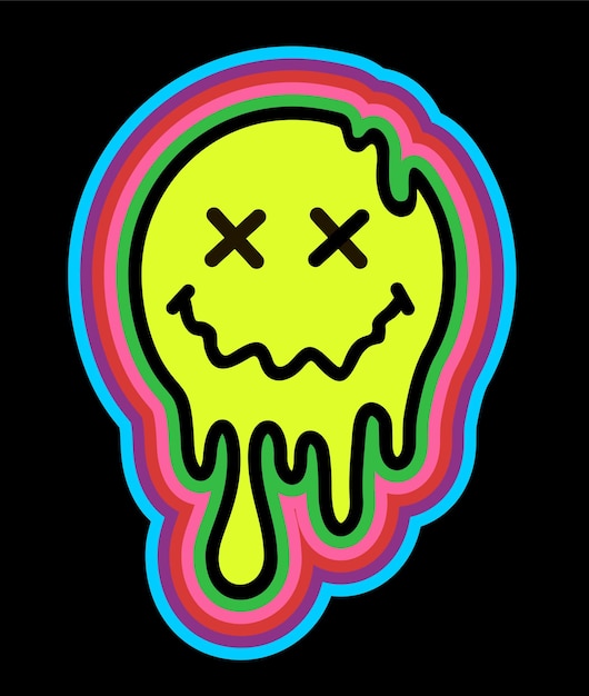 Vector funny psychedelic surreal techno acid lsd melt smile face logo dripping smile good mood positive