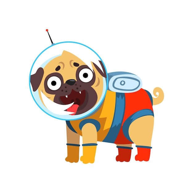 Funny pug dog character dressed as spaceman vector Illustration isolated on a white background.