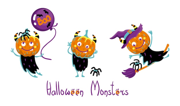 Funny pumpkin monsters.  Halloween illustration. Kids print. Vector.