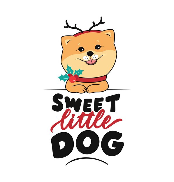 Il cucciolo divertente e la frase scritta sweet little dog the spitz per i disegni del periodo natalizio