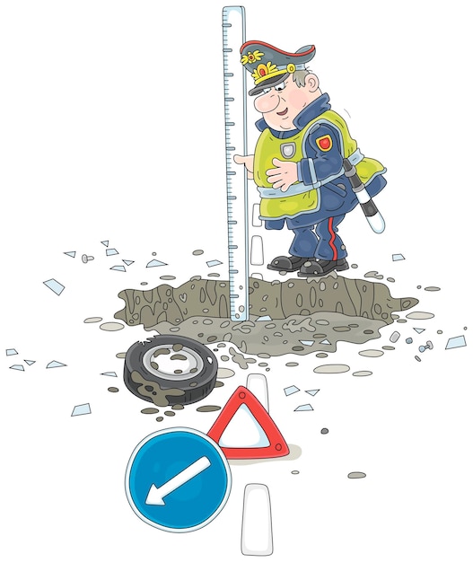 Funny puzzled traffic cop measuring a depth of a large and deep pothole in a road