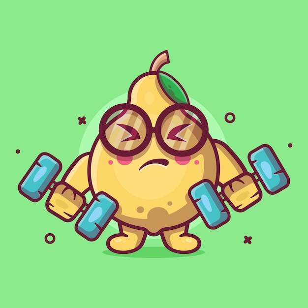 funny quince fruit character mascot doing bodybuilding using dumbbell isolated cartoon