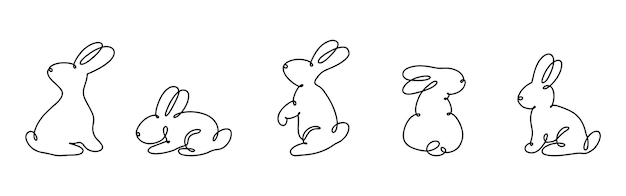 Funny rabbits easter bunny continuous one line drawing black and white contour vector illustration