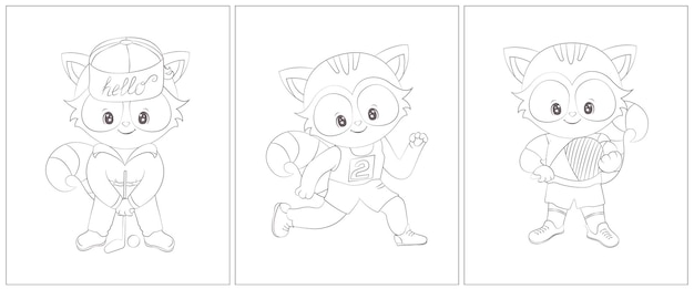 Funny raccoon black and white. Set of three pages for a coloring book.