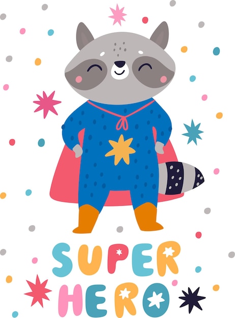 funny raccoon card superhero animal cartoon zoo character in costume with cape comic hero brave furry mammal happy pet standing in heroic pose boys postcard vector poster design