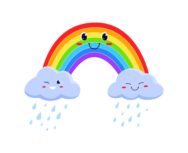 Funny rainbow and rainy clouds, cartoon characters. Vector colorful emoticon for weather forecast, kawaii emoji of weather at rain