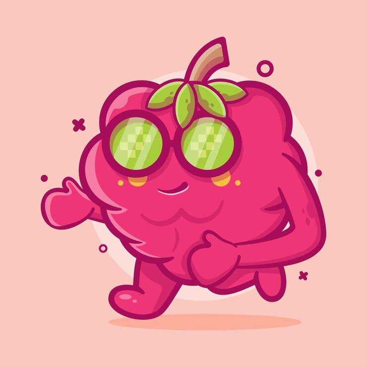 Vector funny raspberry fruit character mascot running isolated cartoon in flat style design