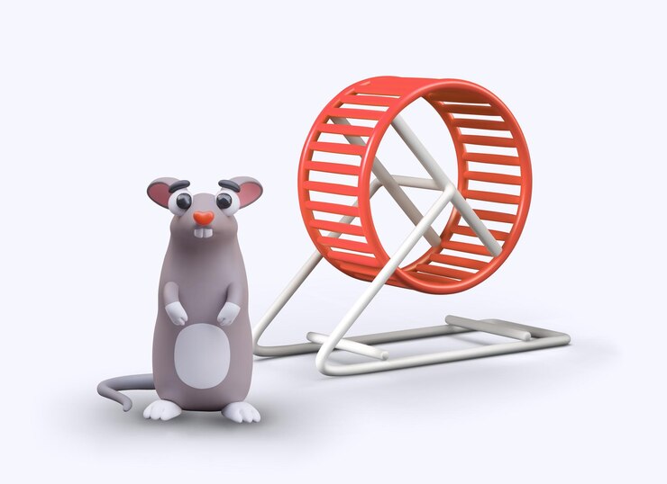 Vector funny rat is standing near running wheel concept of fitness training for animals
