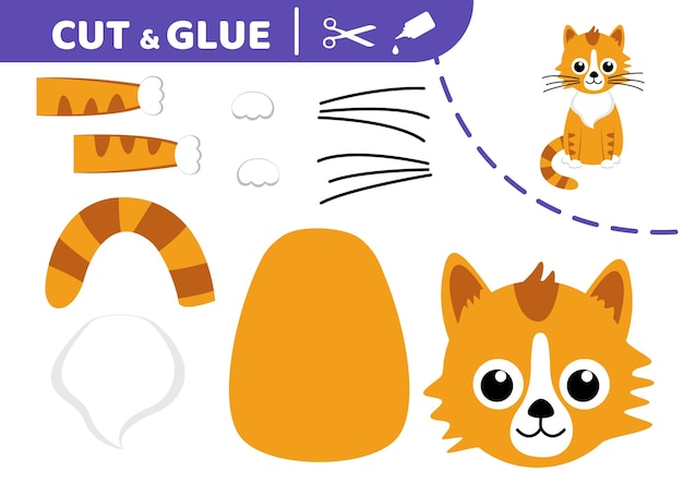 Funny red kitty cut and glue application work paper game vector