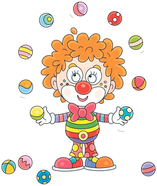 Funny redhaired circus clown in a colorful suit juggling with toy balls in a fun performance