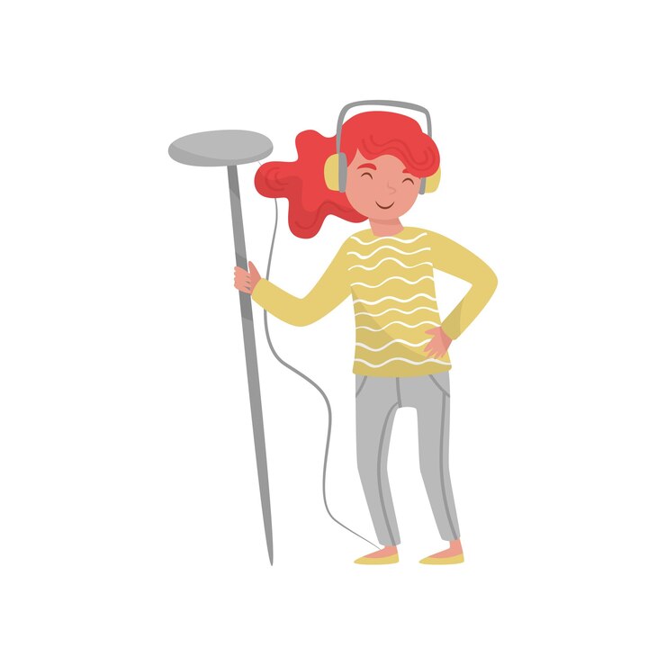 Vector funny redhaired girl with headphones and professional microphone on telescopic rod member of film crew flat vector design