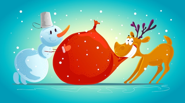 Funny reindeer and snowman character portrait. . xmas decoration  elements. merry christmas and happy new year card .