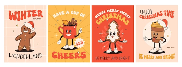Funny Retro cartoon christmas Character in groovy 50s 60s 70s Vintage Style Happy new year mascot with hot coffee cocoa gingerbread cake cupcake and cookie Xmas vintage characters