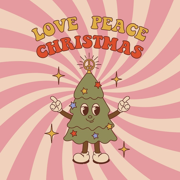 Funny Retro cartoon christmas tree in groovy 50s 60s 70s Happy new year and christmas mascot