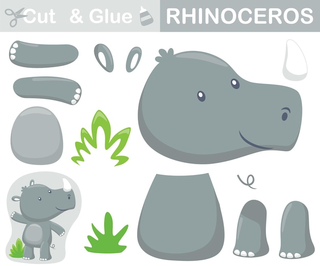 Funny rhino standing. Education paper game for children. Cutout and gluing.   cartoon illustration