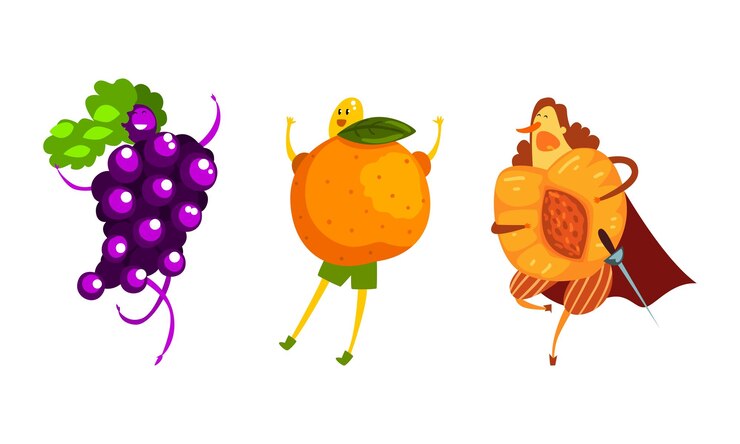 Vector funny ripe fruit and berries as humanized comic characters vector set