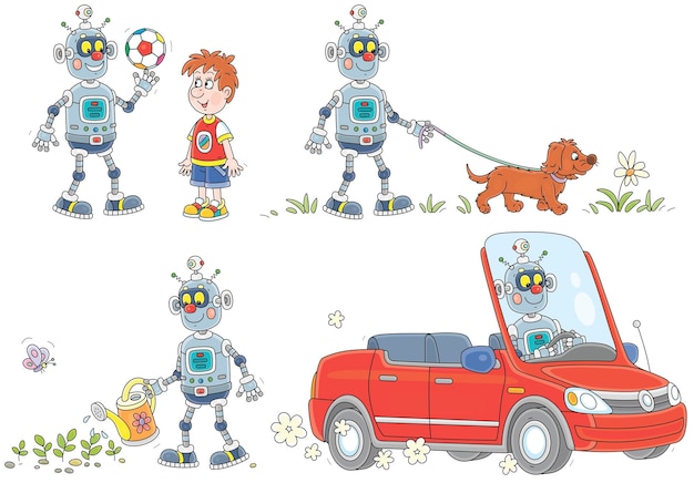 Funny robot playing a ball with a little boy, walking with a dog, watering plants and driving a car