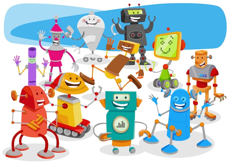 Vector funny robots cartoon fantasy characters group