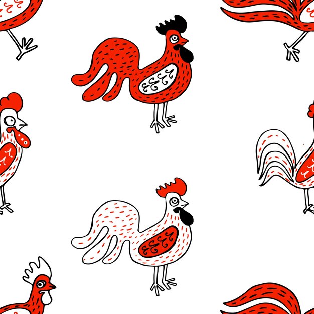 Funny roosters seamless vector pattern