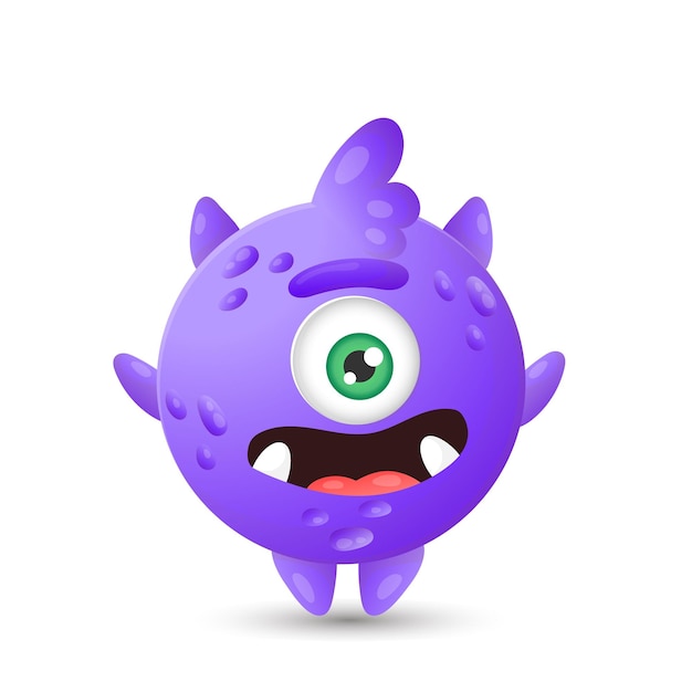 Funny round purple cartoon monster with one eye jumping for joy for children's Halloween decorations