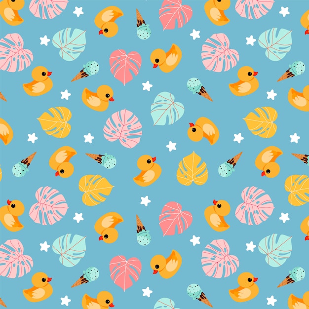 Funny rubber duck blue pattern. Hand-drawn trendy summer pattern design. Tropical monstera leaves, bath ducks and ice creams. Tropical summertime repeatable design for wrapping paper, banner, card.