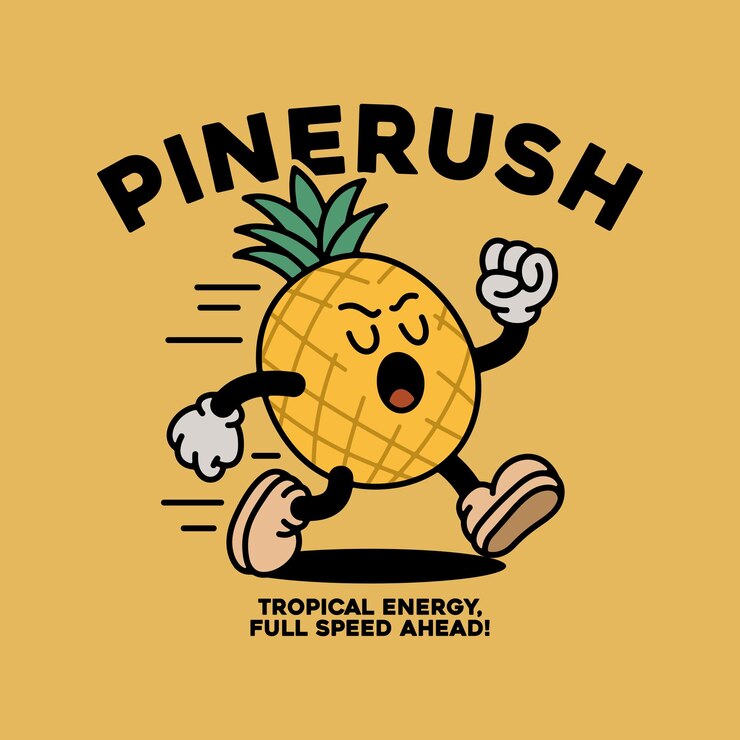 Vector funny running pineapple cartoon character retro fruit style illustration