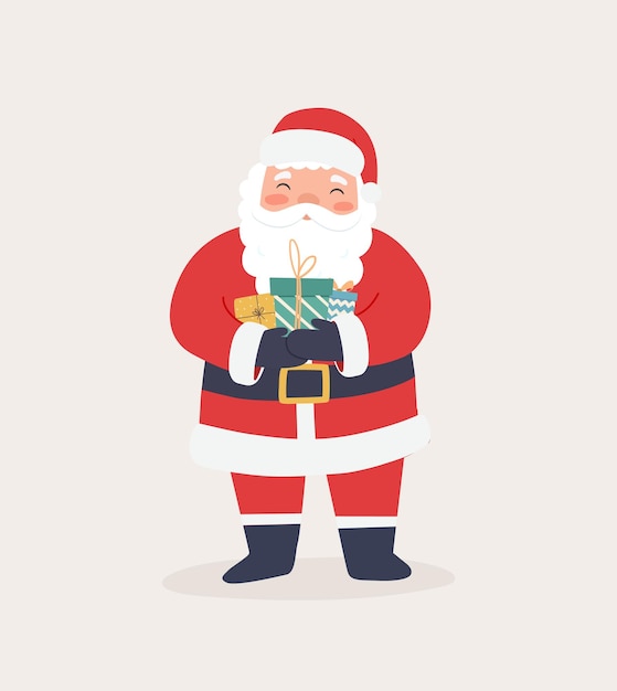 Funny Santa Claus character with gifts. Merry Christmas and New Year cartoon vector illustration