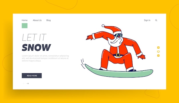 伝統的な赤い衣装の面白いサンタクロースは、スノーボードのランディングページテンプレートでスタントを実行します。クリスマスキャラクターのスポーツ活動、趣味とクリスマスのお祝いの余暇。線形ベクトル図