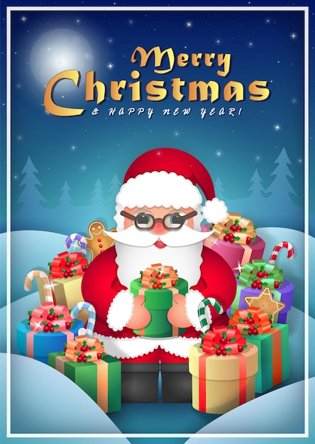 Funny Santa Claus in the middle of colorful gifts and green present in his hands. Christmas card