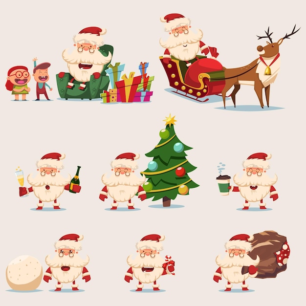 Funny Santa Claus vector cartoon character set. Christmas icon isolated on a white background.