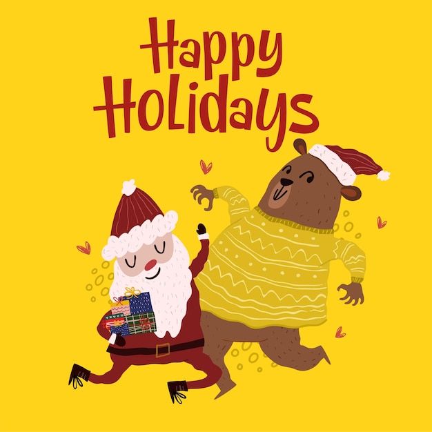 Funny santa claus with gifts box and cute bear on happy holidays text in vector