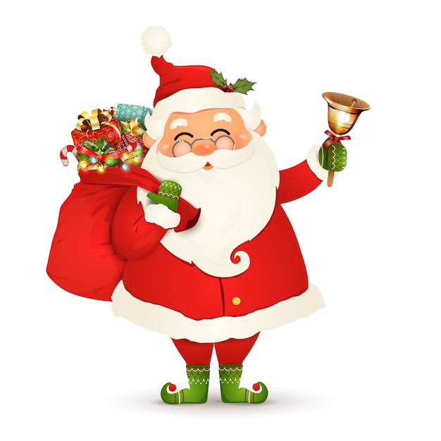 Funny santa claus with glasses, red bag with presents, gift boxes, jingle bell isolated on white background. santa clause for winter and new year holidays. happy santa claus cartoon character.