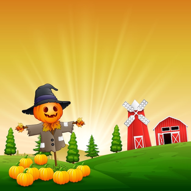 Vector the funny scarecrow protects ripe pumpkins in a garden