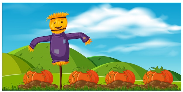 Vector funny scarecrow in pumpkin farm