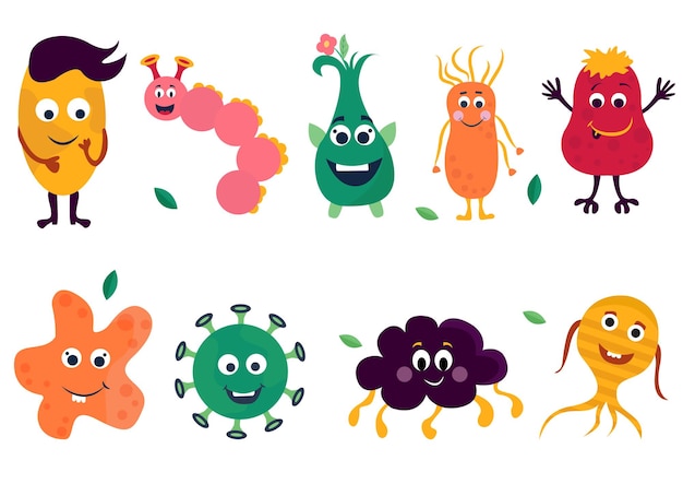 Funny and scary bacteria characters isolated on white vector icons of gut and intestinal flora