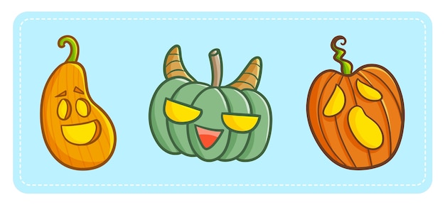 Vector funny and scary kawaii three pumpkin ready to frighten at halloween night