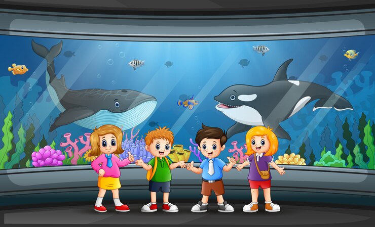 वेक्टर funny school children looking at fish in aquarium