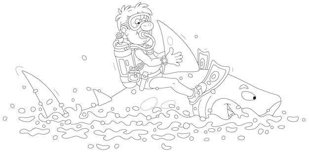 마스크 오리발과 즐거운 백상아리를 타고 있는 아쿠아룽을 가진 재미있는 스쿠버 다이버