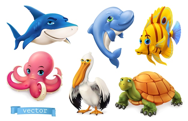 Vector funny sea animals and fishes.