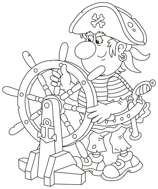 Забавный морской пират в треуголке, держащий деревянный штурвал и управляющий своим старым кораблем