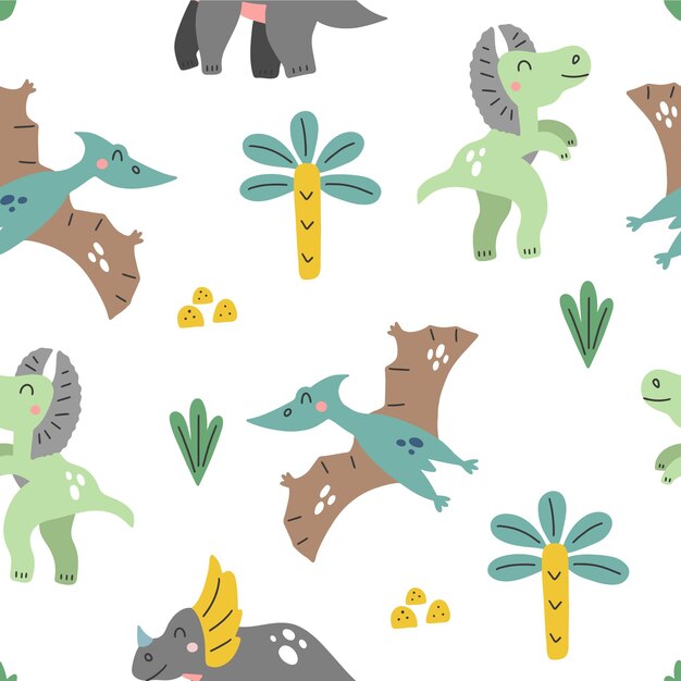 Funny seamless pattern with cartoon dinosaurs Hand drawn vector doodles for girls boys kids for fashion clothes shirt fabric