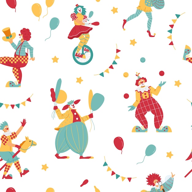 Funny seamless pattern with clowns in the circus cartoon flat vector illustration