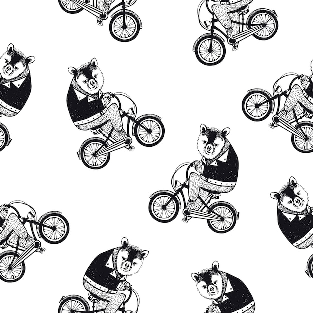 Funny seamless pattern with cute cartoon brown bear dressed in dark shirt riding bike on white background. hand drawn illustration in retro style for wallpaper, fabric print, wrapping paper.