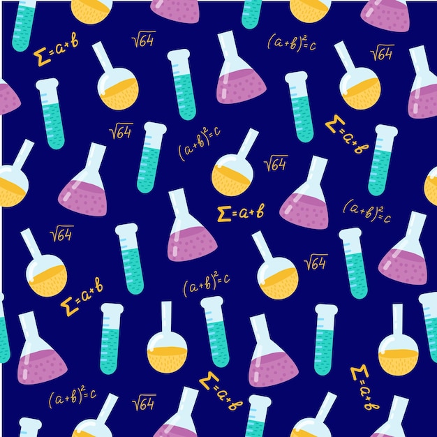 Vector funny seamless pattern with school chemical flasks. back to school background.