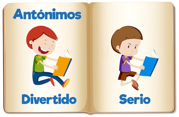 Vector funny and serious education antonyms in spanish language