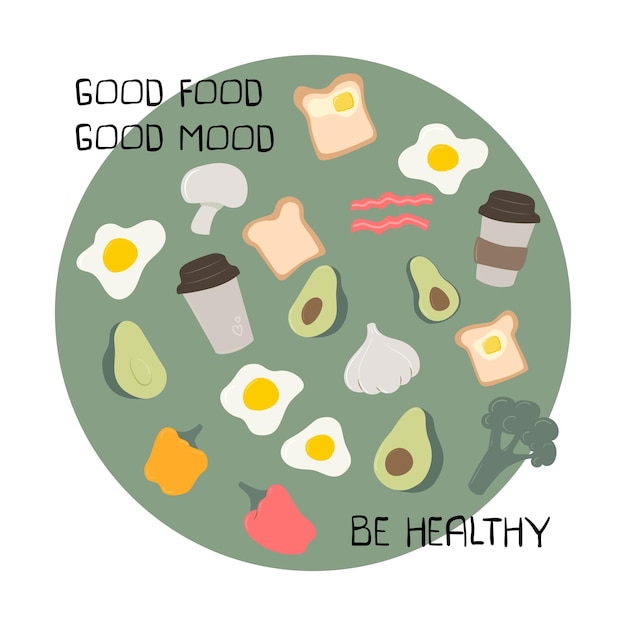 Vector funny set of breakfast vector food motivating card with text